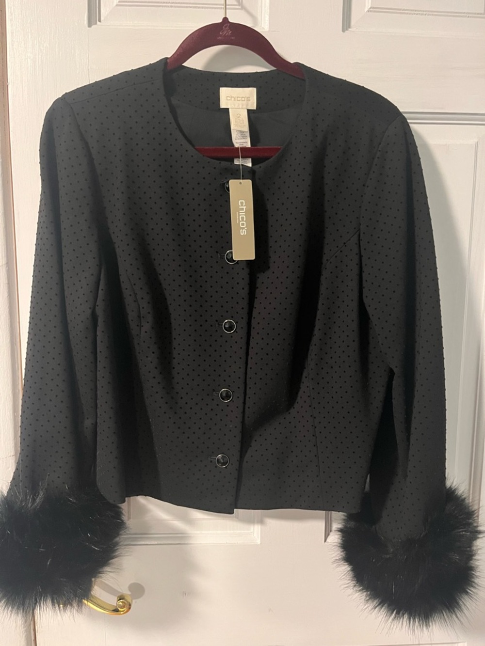 Chico's Black Perforated Jacket with Faux Fur Cuffs Size 2